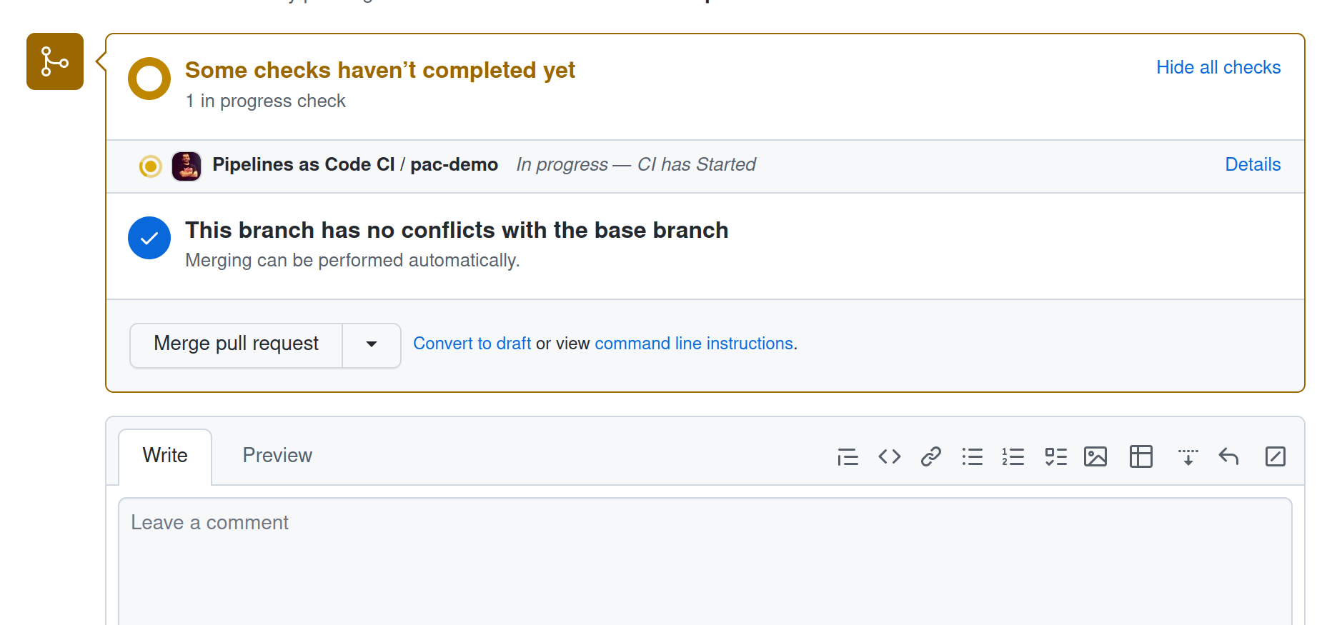 CI pipeline triggered on pull request